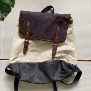 Lands end canvas and leather backpack tote cream and navy